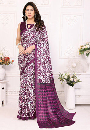 Digital Printed Cotton Saree in Off White