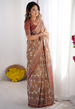 Digital Printed Cotton Saree in Off White