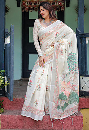 Digital Printed Cotton Saree in Off White