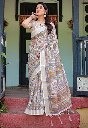 Digital Printed Cotton Saree in Off White