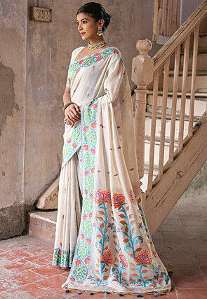 Olympic Blue and Off White Printed Saree in Muslin with Cutdana...