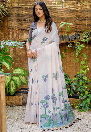 Digital Printed Cotton Saree in Cream