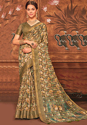 Digital Printed Cotton Saree in Olive Green