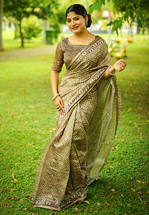 Batik Printed Cotton Saree in Olive Green