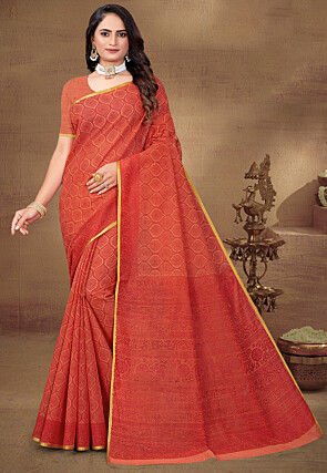 Digital Printed Cotton Saree in Orange