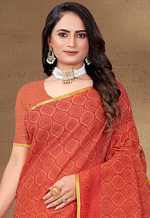 Digital Printed Cotton Saree in Orange