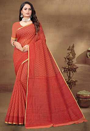 Digital Printed Cotton Saree in Orange