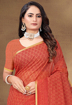 Digital Printed Cotton Saree in Orange