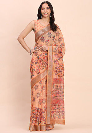 Digital Printed Cotton Saree in Orange