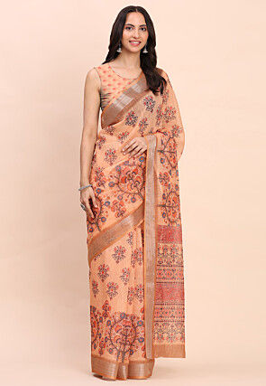 Digital Printed Cotton Saree in Orange