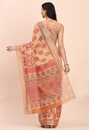 Digital Printed Cotton Saree in Orange