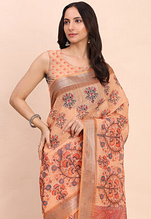 Digital Printed Cotton Saree in Orange