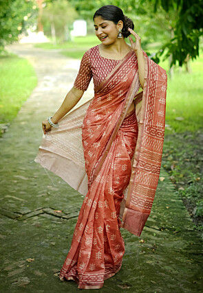 Batik Printed Cotton Saree in Orange