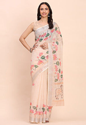 Digital Printed Cotton Saree in Peach