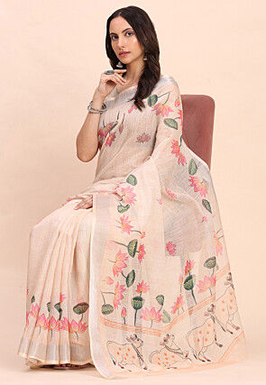 Digital Printed Cotton Saree in Peach