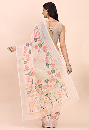 Digital Printed Cotton Saree in Peach