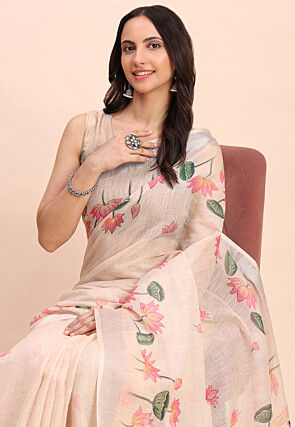 Digital Printed Cotton Saree in Peach