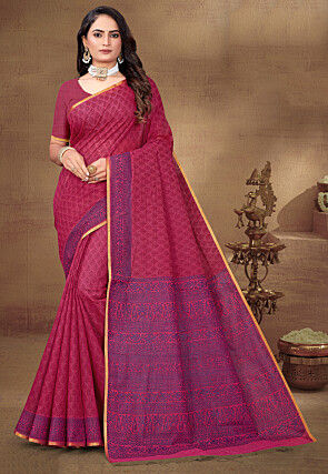 Digital Printed Cotton Saree in Pink