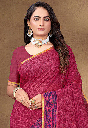 Digital Printed Cotton Saree in Pink