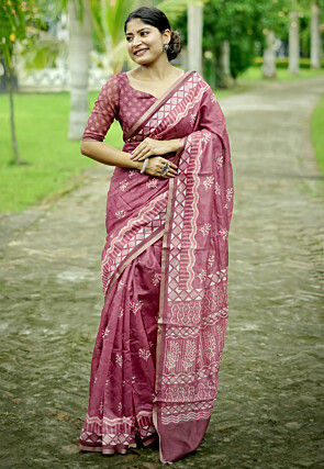 Batik Printed Cotton Saree in Pink