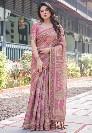 Digital Printed Cotton Saree in Pink