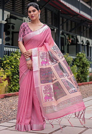 Digital Printed Cotton Saree in Pink