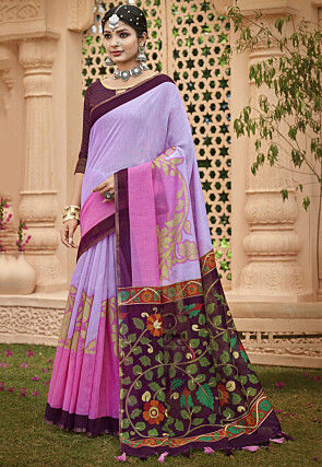 Digital Printed Cotton Saree in Purple and Pink