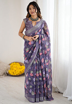 Digital Printed Cotton Saree in Purple