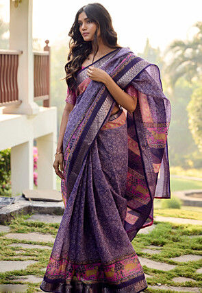 Digital Printed Cotton Saree in Purple