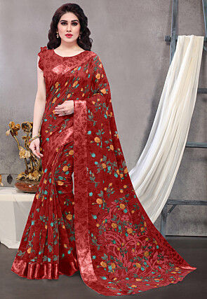 Digital Printed Cotton Saree in Red