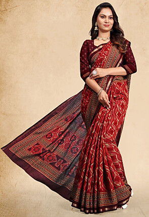 Digital Printed Cotton Saree in Red