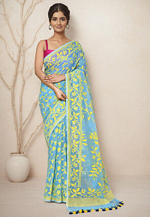 Woven Cotton Saree in Sky Blue