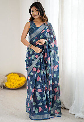 Digital Printed Cotton Saree in Teal Blue