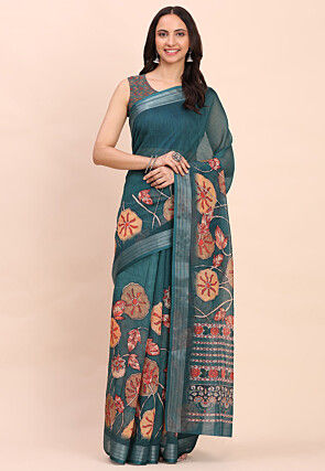 Digital Printed Cotton Saree in Teal Blue