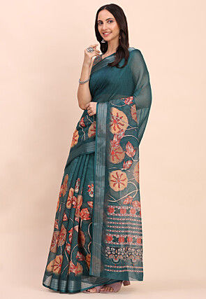 Digital Printed Cotton Saree in Teal Blue