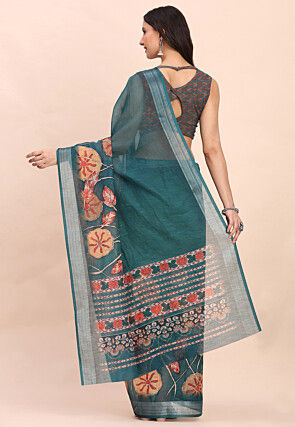 Digital Printed Cotton Saree in Teal Blue
