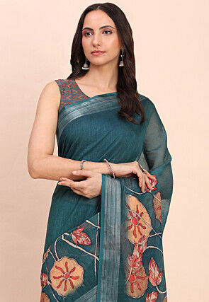 Digital Printed Cotton Saree in Teal Blue