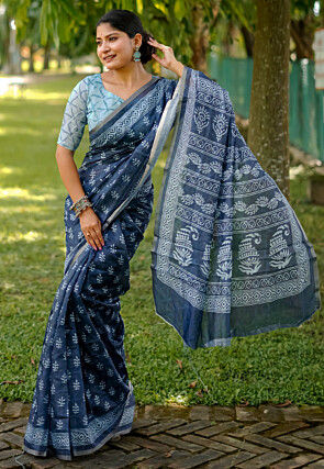 Batik Printed Cotton Saree in Teal Blue