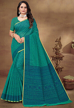 Digital Printed Cotton Saree in Teal Green