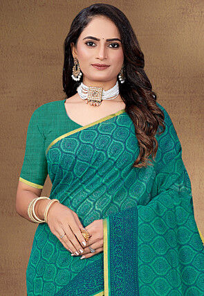 Digital Printed Cotton Saree in Teal Green
