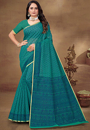 Digital Printed Cotton Saree in Teal Green