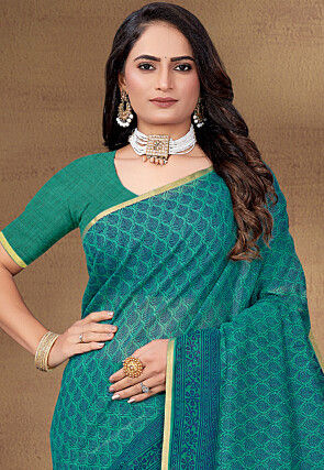 Digital Printed Cotton Saree in Teal Green