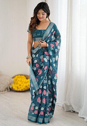 Digital Printed Cotton Saree in Teal Green