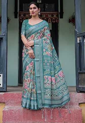 Digital Printed Cotton Saree in Teal Green