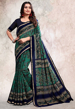 Digital Printed Cotton Saree in Teal Green