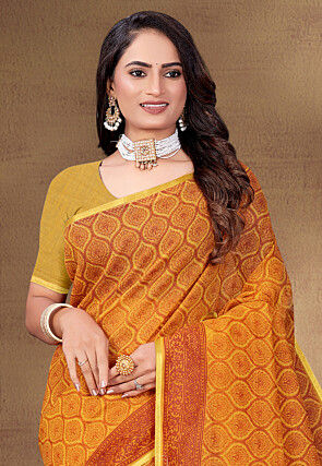 Digital Printed Cotton Saree in Yellow