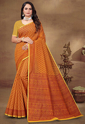Digital Printed Cotton Saree in Yellow