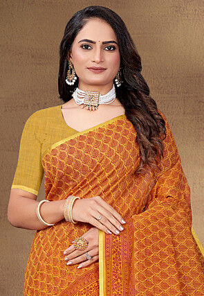 Digital Printed Cotton Saree in Yellow