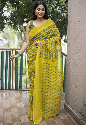 Digital Printed Cotton Saree in Yellow