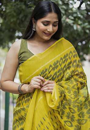 Digital Printed Cotton Saree in Yellow